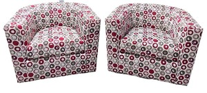 lot 188 image: Pair of Contemporary Upholstered Barrel Accent Chairs with Red and Gray Circular Pattern
