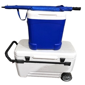 lot 191 image: Rolling Igloo Cooler, Blue Igloo Cooler, and Foldable Beach Umbrella Set