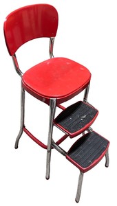lot 194 image: Vintage Red Metal Step Stool Chair with Chrome Legs