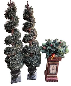 lot 202 image: Pair of Artificial Topiary Trees and Holiday Planter Decor