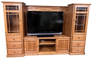 lot 209 image: Large Oak Wood Entertainment Center with Cabinets & Glass Display Shelves - TV NOT INCLUDED