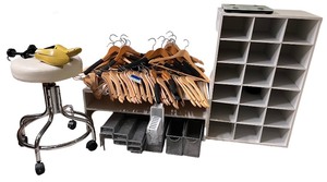 lot 87 image: Closet Organizer Lot with Shelving, Hangers, Rolling Stool, and Storage Baskets