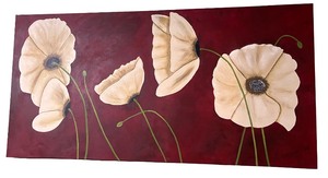 lot 159 image: Large Painting with Cream Poppies on Red Background