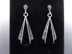 lot 73 image: .925 Sterling Silver Art Nouveau Onyx Dangle Post Earrings