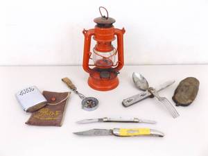 lot 10 image: Lot of Vintage Feuerhand 175 Oil Lantern, Camping Utensil Set, Pocket Knives, etc.