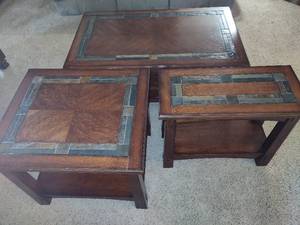lot 23 image: Lot of WoodSlate Inlayed CoffeeEnd Tables Note Coon Rapids Pick Up Location