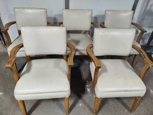 lot 56 image: Five LeatherWood Arm Chairs wNailhead Trim
