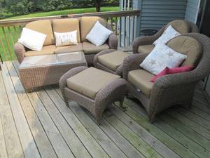 lot 198 image: Wicker Patio Couch, coffee table, t...