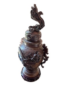 lot 3 image: Antique Ornate Bronze Dragon Vase with Lid and Wooden Base