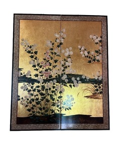 lot 6 image: Japanese Gold Leaf 2-Panel Folding Screen with Floral Motif