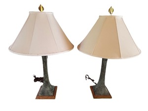 lot 8 image: Pair of Modern Table Lamps with Patinated Metal Bases and Fabric Shades