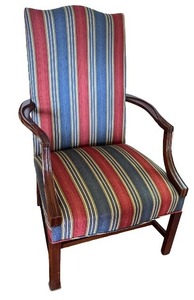 lot 17 image: Upholstered Armchair with Striped Fabric and Wooden Frame