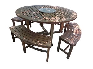 lot 21 image: Round Wooden Outdoor Patio Table with 4 Curved Benches