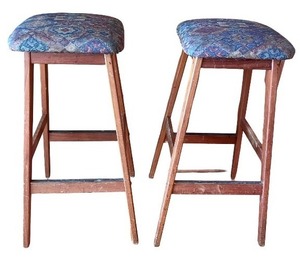 lot 27 image: Pair of Upholstered Wood Bar Stools with Patterned Seats
