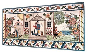 lot 33 image: Folk Art Painted Panel with Farm and Floral Scene