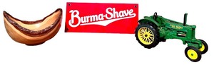 lot 49 image: Lot of Vintage Decorative Items Wood Bowl, Burma-Shave Sign, John Deere Tractor Model