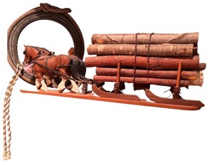 lot 57 image: Decorative Hand Carved Wooden Horse-Drawn Log Sled with Mirror