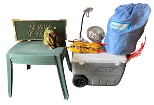 lot 91 image: Outdoor Camping and Patio Collection with Coleman Cooler, AeroBed, and Decorations