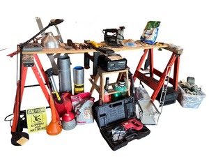 lot 93 image: Assorted Garage Tools and Equipment Collection with Ladder and Tool Box