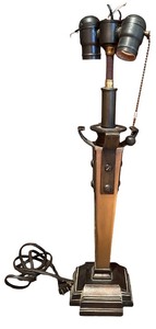 lot 106 image: Vintage Brass and Wood Floor Lamp Base with Double Sockets