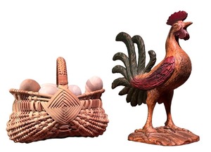 lot 113 image: Decorative Rooster Statue and Wicker Basket with Wooden Eggs