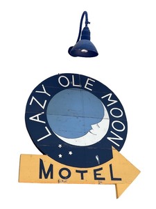 lot 2 image: Vintage Lazy Ole Moon Motel Wood Sign with Decorative Lamp
