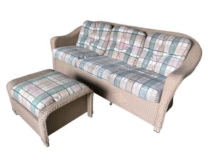 Wicker Sofa with Matching Ottoman and Plaid Cushions