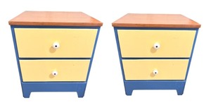lot 35 image: Set of 2 Colorful Two-Drawer Nightstands with Wood Tops