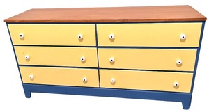 lot 36 image: 6-Drawer Wooden Dresser with Blue and Yellow Finish