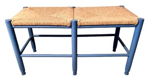 lot 40 image: Blue Wood Double Stool with Woven Rush Seats