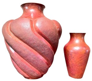lot 41 image: Set of 2 Red Studio Art Pottery Vases with Hammered, Textured and Swirl Design