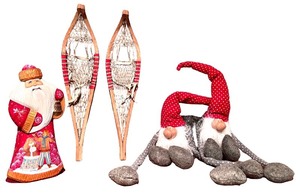 lot 43 image: Holiday Decor Lot with Santa Figure, Pair of Wooden Snowshoes, and 2 Gnome Plush Figures