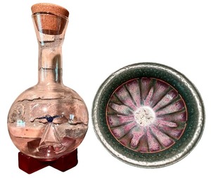 lot 44 image: Glass Decanter with Blue Bird Figurine and Art Pottery Bowl on Stands