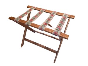 lot 62 image: Wooden Folding Luggage Rack with Floral Woven Straps