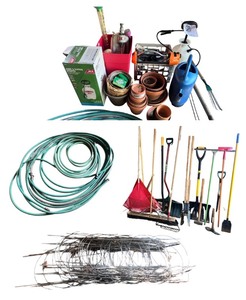 lot 84 image: Extensive Gardening Tool Set with Water Hoses and Pottery Supplies