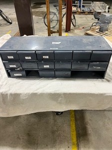 lot 110 image: STEEL PARTS BIN W PARTS FOR PAINTSTAIN  SPRAY GUNS