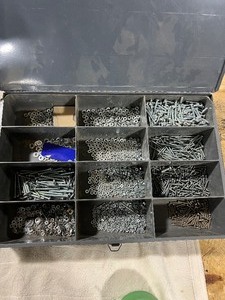 lot 111 image: 4 BIN STEEL FASTENAL CABINET W EXTRA BIN ALL FULL OF VARIOUS HARDWARE
