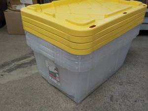 lot 90 image: 27 Gallon Clear Tote 3 Tote with on...
