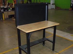 lot 23 image: Montezuma 4 Adjustable Steel and Solid Wood Workbench Station with Pegboard and Shelf Storage