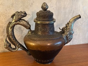 Vintage Tibetan Tea Kettle with Dragon Motif Handle and Spout