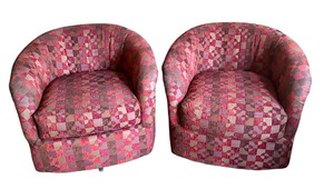 lot 16 image: Pair of Vintage Swiveling Barrel Chairs with Gorgeous Upholstery