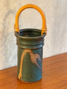 lot 33 image: Artisan Crafted Pottery Vessel with Bamboo Handle, Signed