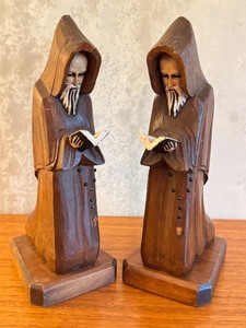 lot 47 image: Pair of Hand-Carved Wooden Monk Figurines, 10 Inches Tall