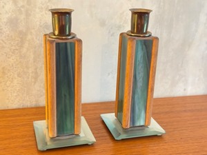 lot 48 image: Pair of Mission Style Glass and Wood Candle Holders, 6.5 Inches Tall