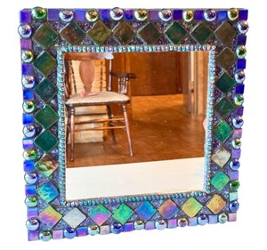lot 57R image: Artisan Crafted Mosaic Mirror with Iridescent Glass Tiles 12 x 12.5 Inches