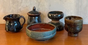 lot 65A image: Artisan Pottery Collection with Bowls, Creamer, Sugar Jar, and Tumbler