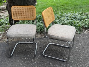 lot 20 image: Pair of Vintage Cantilever Chrome Base Chairs with Woven Cane Backs