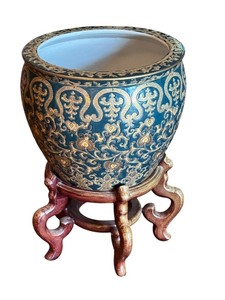 lot 24R image: Chinese Gold and Blue Fishbowl Planter with Stand