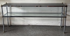 lot 25 image: Vintage Metal and Glass Sofa Console Table with Brass Accents