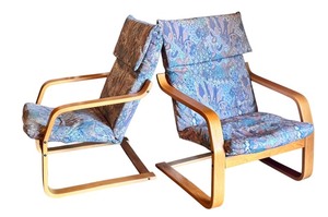 lot 28R image: Pair of Danish Bentwood Armchairs with Patterned Upholstery